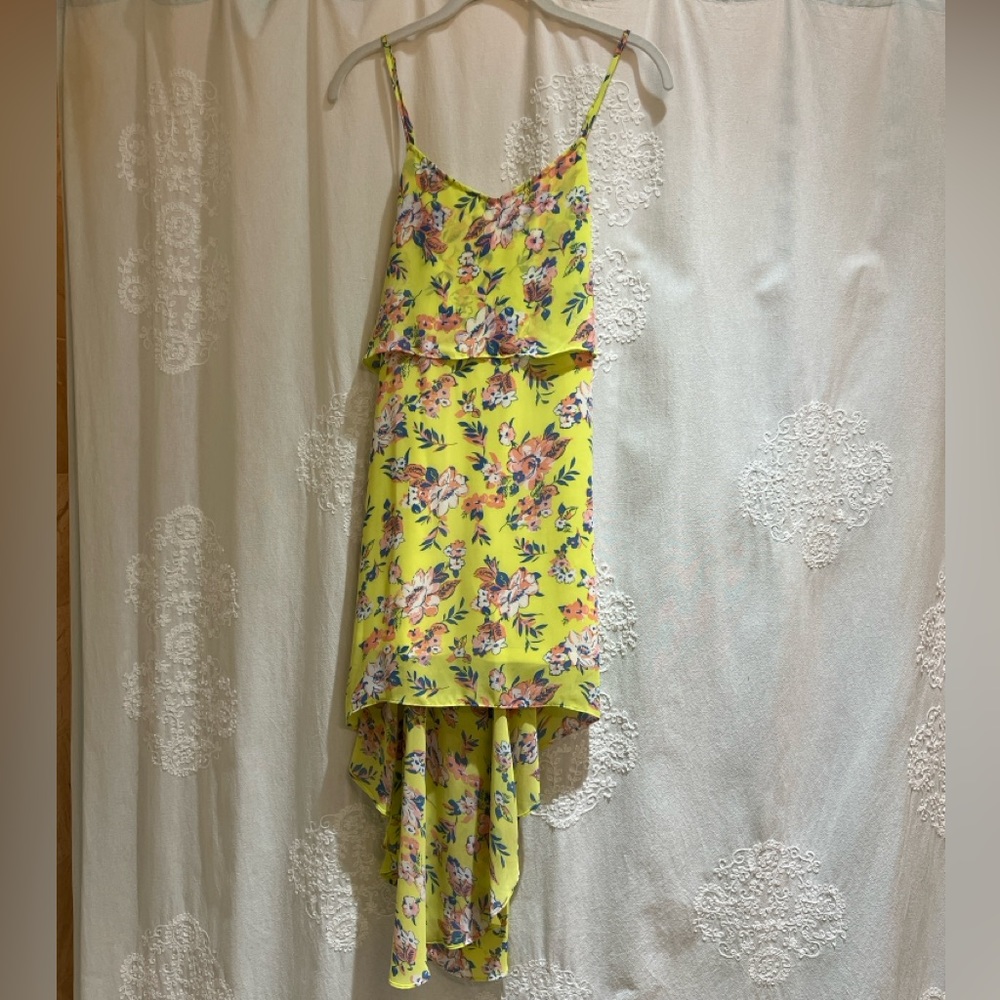 Neon Yellow with Floral Pattern Chiffon High/Low Dress